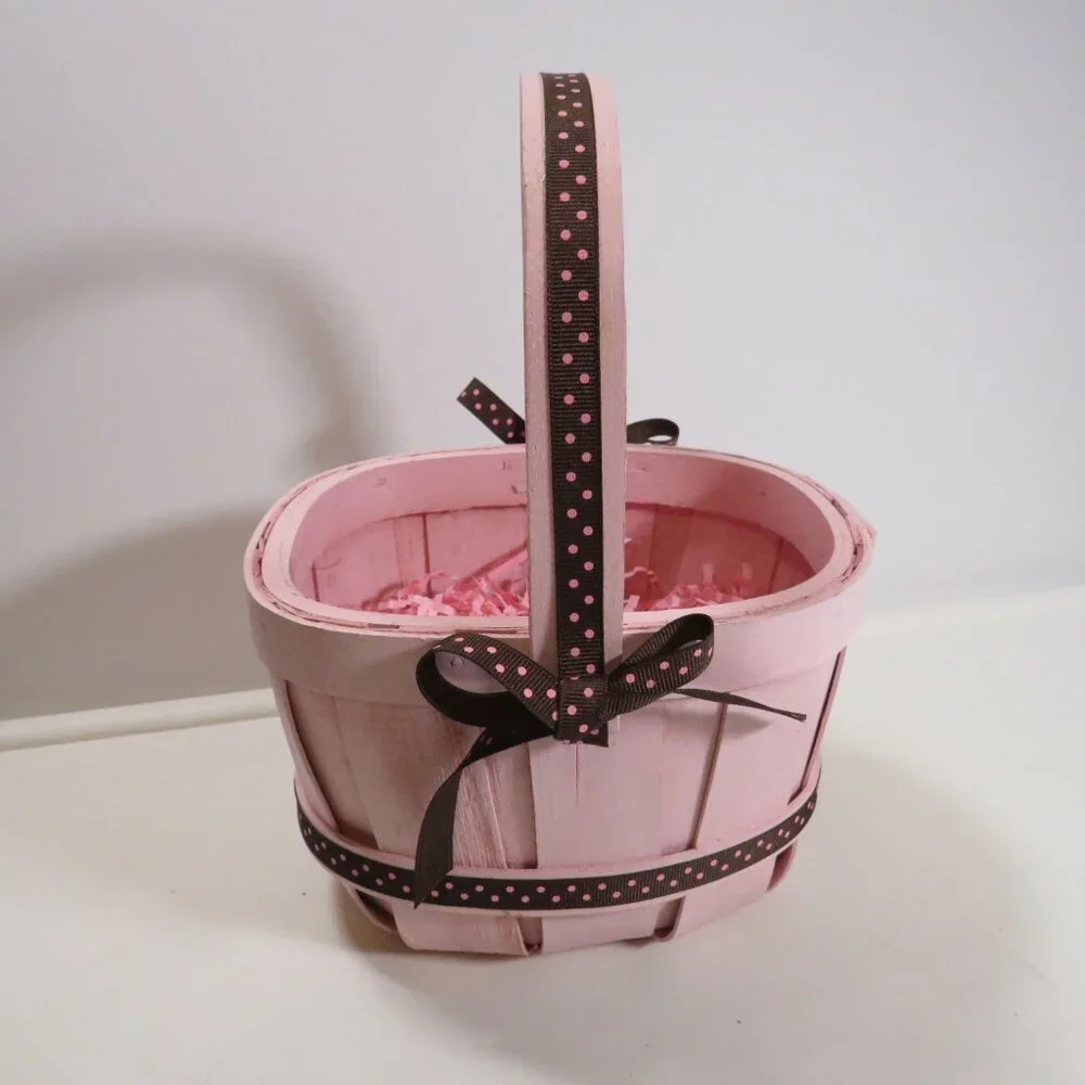 all wood basket pink with brown polka dot ribbon Berry Basket Easter Pastel